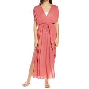 ELAN Deep V-neck Cover-up Maxi Dress In Rose Sz M Beachy Resort Resortwear